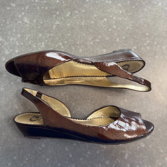Gianni Bini Brown Crackled Leather Peep Toe Slingback Wedges – Size 9M - Picture 4 of 12